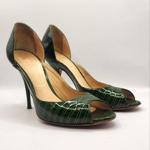 Casadei Green Embossed Patent Leather Peep Toe High Heel D'orsay stilettos 6M